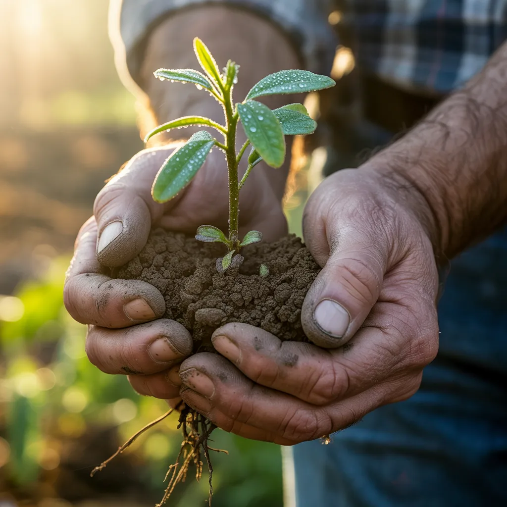 Young plant sapling in farmer hand